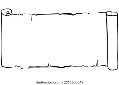 Horizontal scroll papyrus paper. Ancient scroll with copyspace. Vector illustrations in hand drawn sketch style isolated on white. Black outline graphics. Banner parchment with space for text