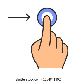 Horizontal scroll right gesturing color icon. Touchscreen gesture. Human hand and fingers. Tap, point, click. Using sensory devices. Isolated vector illustration