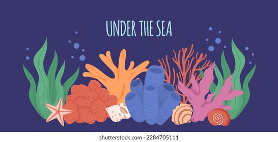 Horizontal sea background with coral reef and sea shells. Underwater banner with place for text. Colorful marine flora and fauna. Flat vector illustration