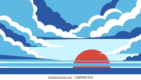 Horizontal sea landscape with cloudy sky and sun. Ocean view panorama banner. Simple cartoon style sea view contemporary poster. Cloudscape with sunset or sunrise on the sea. Vector.