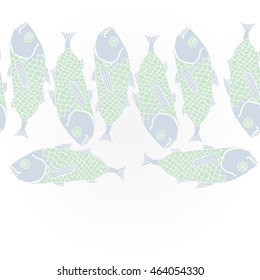 Horizontal   sea  pattern,   hole, spots,waves,scale, fishes, doodles,  copy space . Hand drawn.