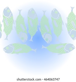Horizontal    sea  pattern,   hole, spots,waves,scale, fishes, doodles,  copy space . Hand drawn.