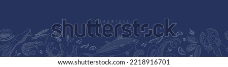 Horizontal Seafood seamless border on navy blue background. Hand drawn sea fishes and fish fillet, oysters, mussels, lobster, squid and octopus, crabs, prawns. Healthy food natural set.