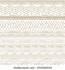 Horizontal Seamless abstract repeat border pattern. Random rough, twisted part of beige triangles or broken lines, zigzags, circles or big dots shapes. Hand drawn effect on white background