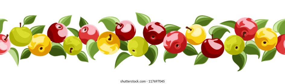 Horizontal seamless background with apples and leaves. Vector illustration.