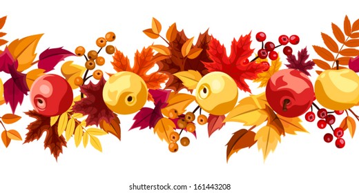 Horizontal seamless background with autumn leaves and apples. Vector illustration. 