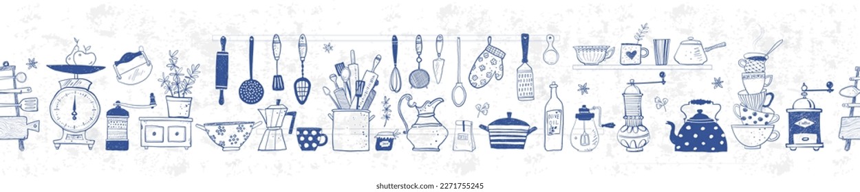 Horizontal seamless background with blue doodle kitchen utensils in vintage style. Vector sketch illustration.