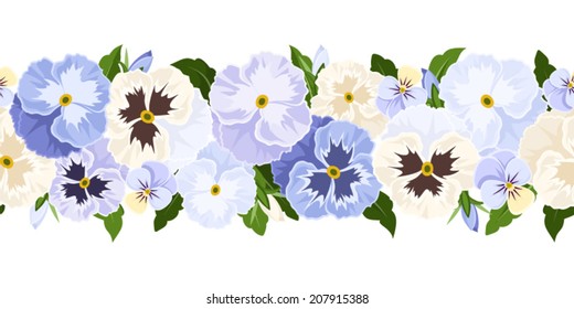 Horizontal seamless background with blue and white pansy flowers. Vector illustration.