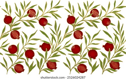 Horizontal seamless background with branches of pomegranates on white. Vector Illustration.