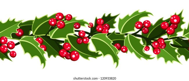 Horizontal seamless background with Christmas holly. Vector illustration.