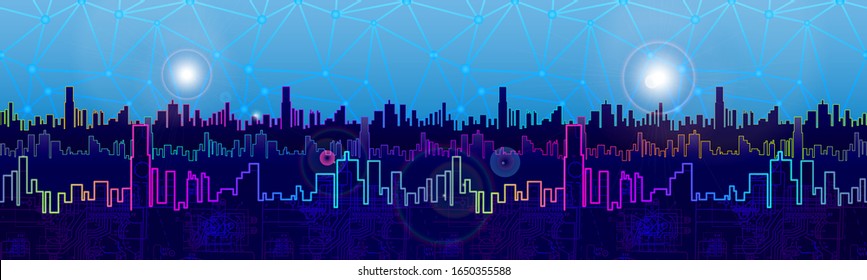 Horizontal seamless background. City, future, futuristic concept, metropolis. Night city social digital life. Abstract city, tech background, Vector illustration.