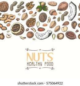 Horizontal seamless background with colored nuts and seeds. Vector illustration for your design