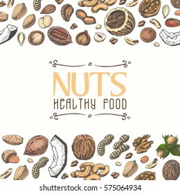 Horizontal seamless background with colored nuts and seeds. Vector illustration for your design