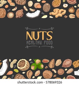 Horizontal seamless background with colored nuts and seeds. Vector illustration for your design