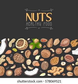 Horizontal seamless background with colored nuts and seeds. Vector illustration for your design