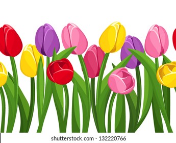 Horizontal seamless background with colored tulips. Vector illustration.