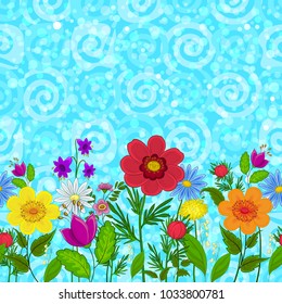 Horizontal Seamless Background, Colorful Flowers on Abstract Blue Sky Background with Spirals and Circles. Vector