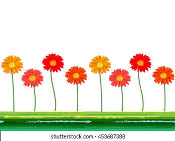 Horizontal seamless background with colorful gerbera flowers. Vector illustration.