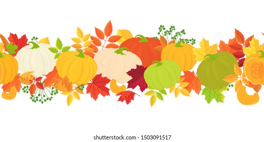 Horizontal seamless background with colorful pumpkins and autumn leaves isolated on white background. Botanical design for autumn invitation card template banners posters. Vector illustration of EPS10