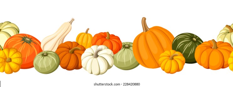 Horizontal seamless background with colorful pumpkins. Vector illustration.