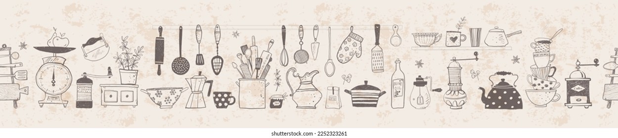 Horizontal seamless background with  doodle kitchen utensils in vintage style. Vector sketch illustration. Can be used for wallpaper, pattern fills, textile, web page background, surface textures.