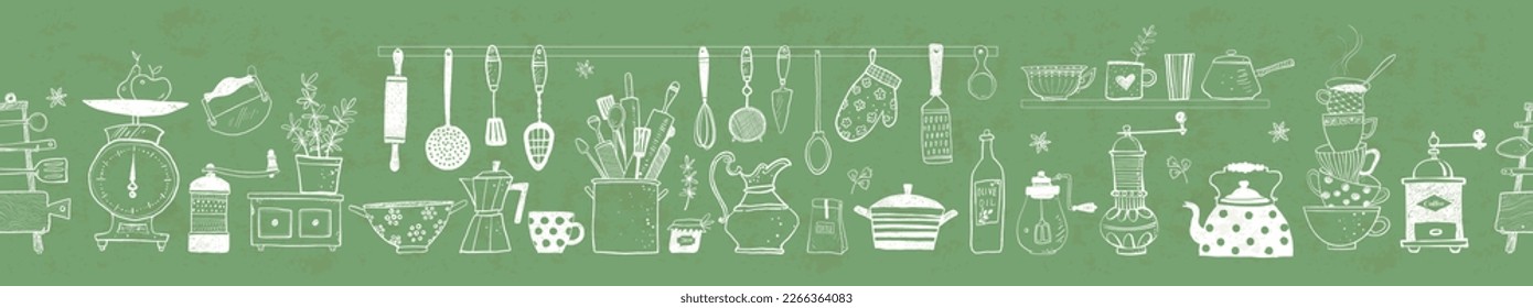 Fondo horizontal sin costuras con utensilios de cocina de doodle de estilo vintage sobre fondo verde.  Se puede usar para papel tapiz, rellenos de patrones, textil, fondo de página web, texturas superficiales