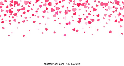 Horizontal seamless background of falling hearts. Pink, red confetti love signs for design invitation card wedding, love story on Valentine's Day. Romantic vector illustration