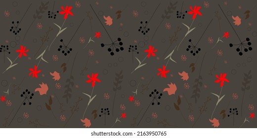 Fondo horizontal sin costuras con flores y plantas. Patrón floral sobre un fondo oscuro. Adecuado para publicaciones en medios sociales, aplicaciones móviles, diseño de pancartas, anuncios e invitaciones. Vector de moda 
