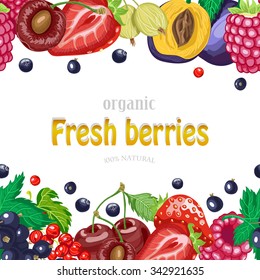 Horizontal seamless background with garden berries. Vector  illustration for your design