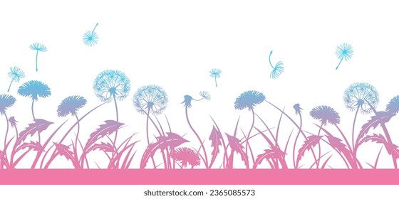 Horizontal seamless background of grass and dandelions, flowers, fluff and leaves. Silhouette of grass and flowers isolated on a white background. Vector pink and blue gradient illustration.