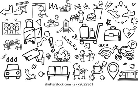 A horizontal seamless background with hand-drawn lifestyle icons including playgrounds, taxi stands, motorcycle parking, and park areas. Perfect for city guides and urban facility branding.