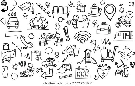 A horizontal seamless background with hand-drawn lifestyle icons including playgrounds, taxi stands, motorcycle parking, and park areas. Perfect for city guides and urban facility branding.