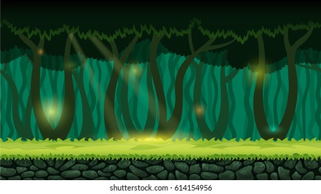 Horizontal seamless background illustration of forest for mobile app, web, game with trees and mist. Vector template.