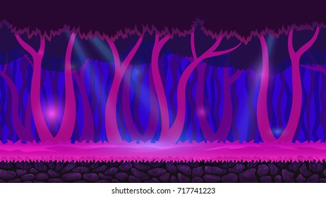 Horizontal seamless background illustration of magic purple fairy forest for mobile app, GUI, web, game with trees and mist. Vector template.