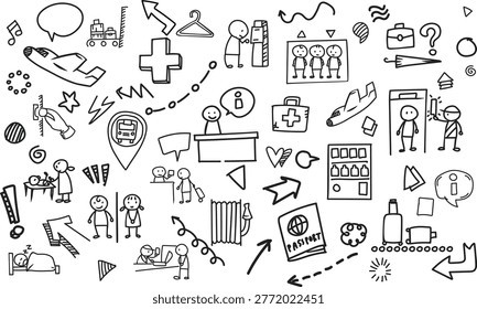 A horizontal seamless background including icons for information desks, diaper changing rooms, sleeping areas, and elevators. Great for facility management and interior wayfinding.