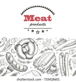 Horizontal seamless background with meat products. Vector illustration for your design