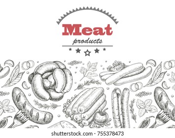 Horizontal seamless background with meat products. Vector illustration for your design
