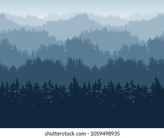 horizontal seamless background with mountains covered with coniferous forest, vector illustration