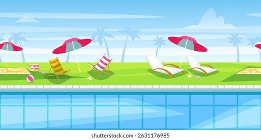 Horizontal seamless background with pool resort landscape, umbrellas and chaise lounges. Vector flat cartoon illustration. Summer travel, beach club banner design elements