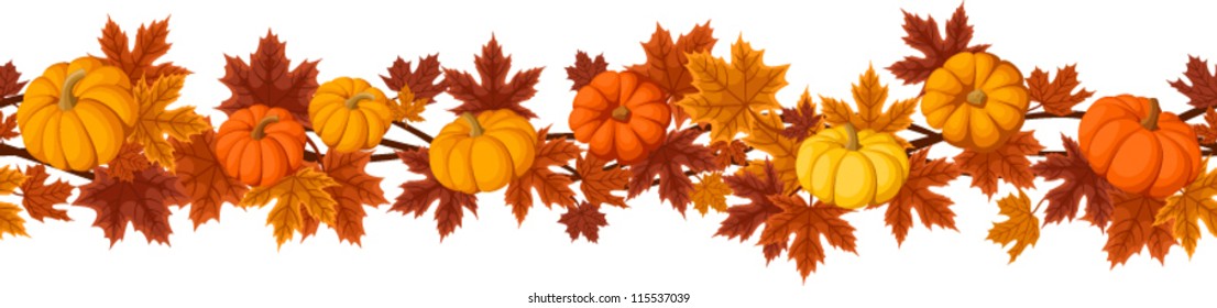 Horizontal seamless background with pumpkins and autumn maple leaves. Vector illustration.