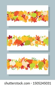 Horizontal seamless background with pumpkins and autumn leaves isolated on white background. Botanical set for autumn design invitation card template banners posters. Vector illustration of EPS10
