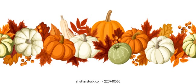 Horizontal seamless background with pumpkins and autumn leaves. Vector illustration.