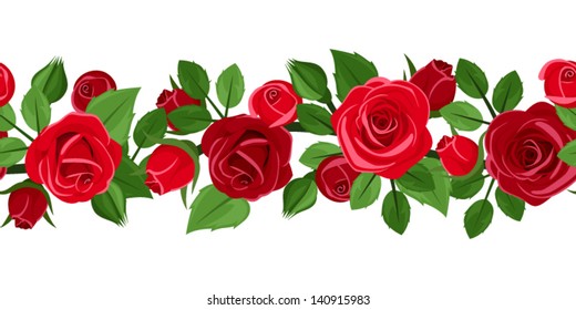 Horizontal seamless background with red roses. Vector illustration.