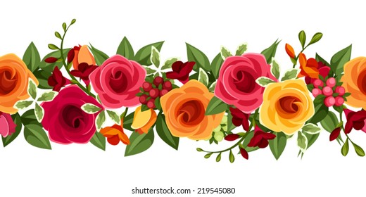 Horizontal seamless background with red and yellow roses and freesia flowers. Vector illustration. 