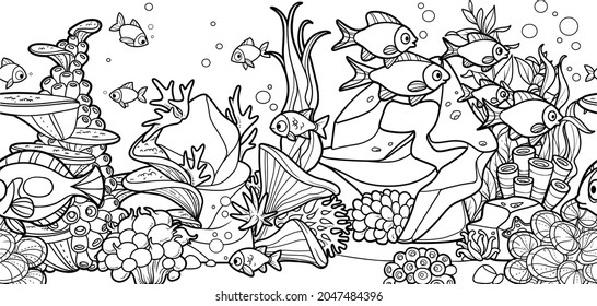 Horizontal seamless background from seabed and its inhabitants anemones, seaweed, fishes and coral on stones  linear drawing for coloring page