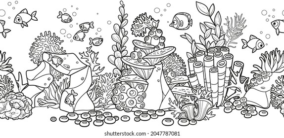 Horizontal seamless background from seabed and its inhabitants coral on stones, anemones, seaweed, fishes and sponges linear drawing for coloring page