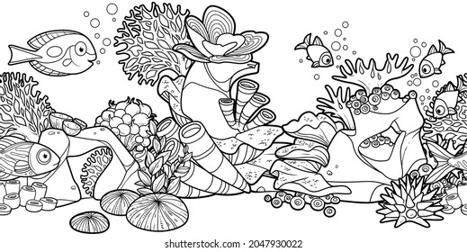 Horizontal seamless background from seabed and its inhabitants coral on stones, anemones, fishes linear drawing for coloring page