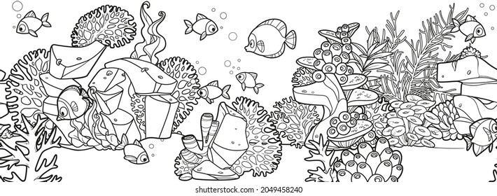 Horizontal seamless background from seabed and its inhabitants flock of fishes, coral, anemones, seaweed, stones linear drawing for coloring page