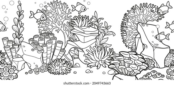 Horizontal seamless background from seabed and inhabitants  fishes, coral, anemones, seaweeds and stones linear drawing for coloring page