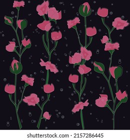 Fondo horizontal sin costuras con siluetas de flores sobre un fondo oscuro. Adecuado para publicaciones en medios sociales, aplicaciones móviles, diseño de pancartas, publicidad. Vectores de moda.